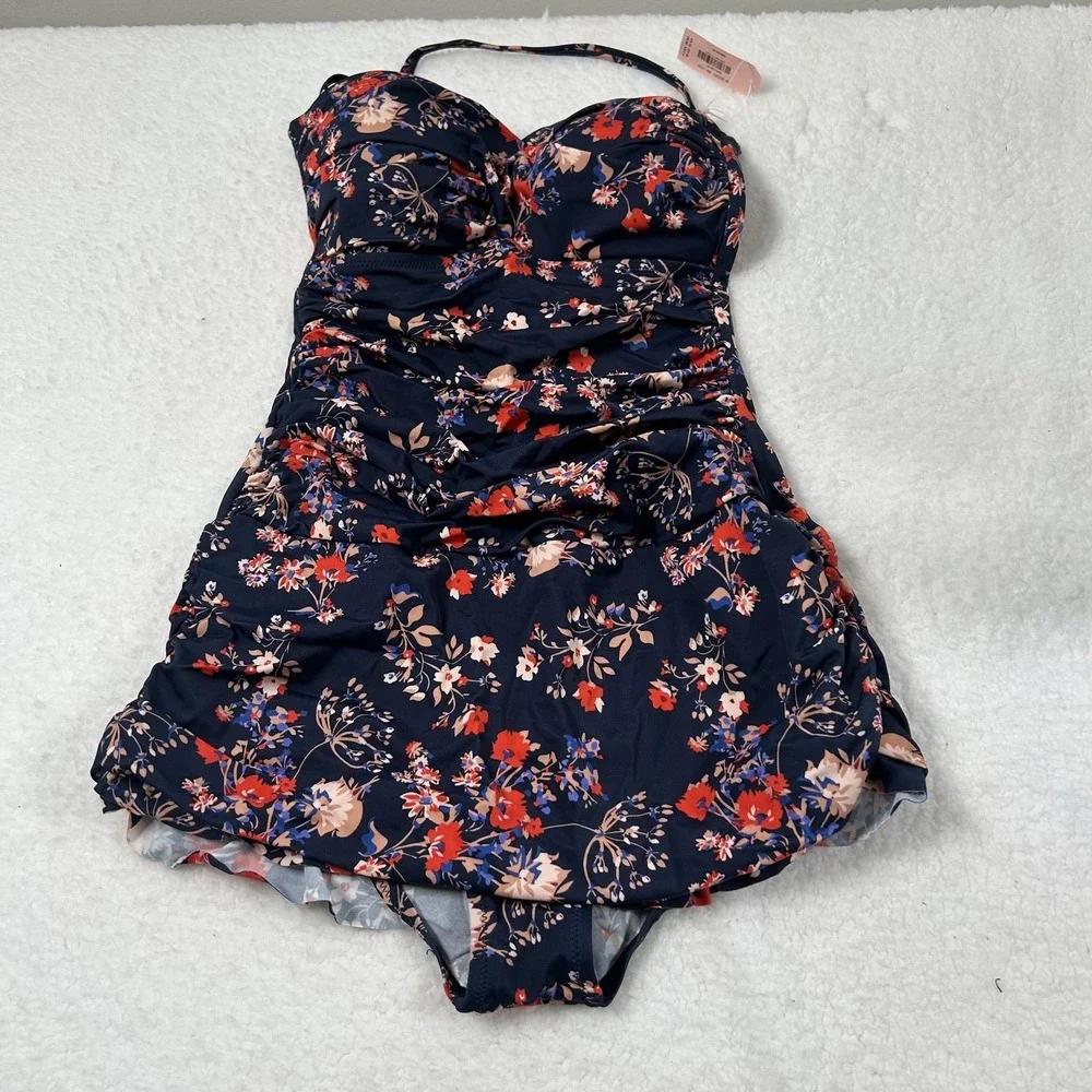 Dobreva Swimdress Womens Small Navy Floral Bandeau Skirted One Piece Swimwear - Picture 2 of 16
